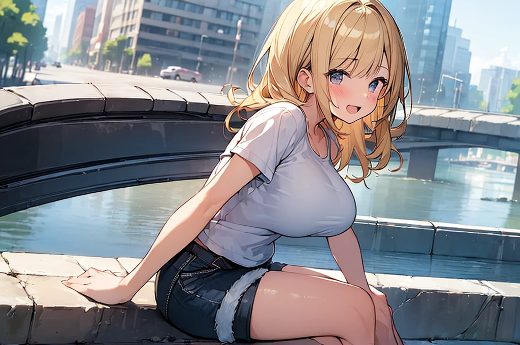 (Masterpiece, Top quality:1.5), 1 beautiful girl, solo, sitting, from side, Blonde, medium Hair, wavy Hair, asymmetry bangs, swept bangs, airy hair, large breasts:1.2, 16 year old, standard weight, (casual summer fashion, Shorts :1.3), blush, beautiful scene of street, blurry background, magnificent panorama view, blurry background, open mouth,