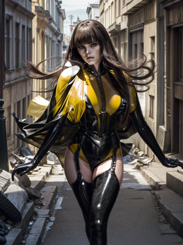 1girl, A full length photograph of a sexy Silk Spectre from Watchmen. Transparent Yellow and black latex leotard, long black latex opera gloves, black latex stockings, black high heel shoes