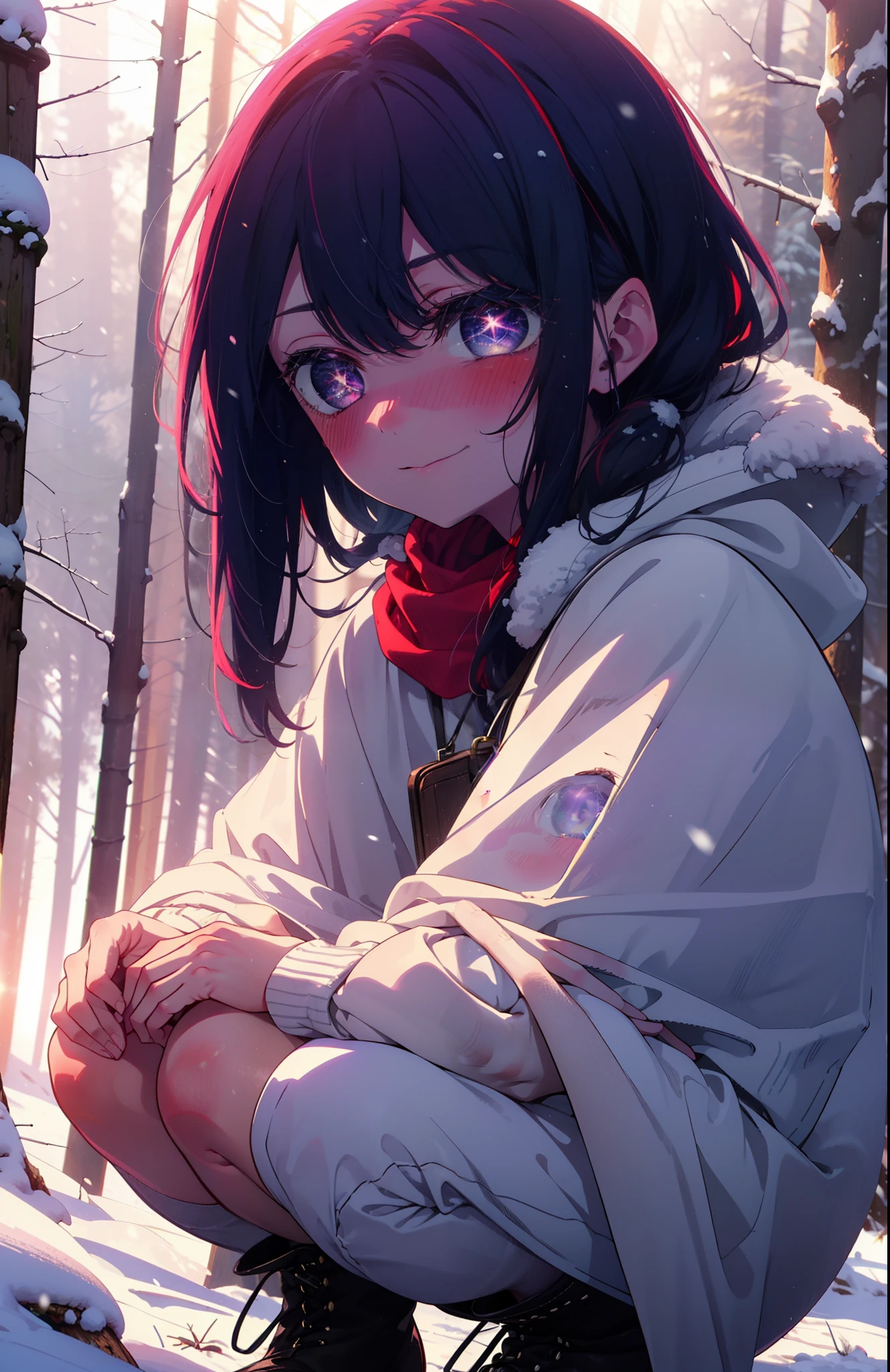 aihoshino, Ai Hoshino, Long Hair, bangs, (Purple eyes:1.1), Purple Hair, (Symbol-shaped pupil:1.5), smile,,smile,blush,white breath,
Open your mouth,snow,Ground bonfire, Outdoor, boots, snowing, From the side, wood, suitcase, Cape, Blurred, , forest, White handbag, nature, Squat, Mouth closed, Cape, winter, Written boundary depth, Black shoes, red Cape break looking at viewer, Upper Body, whole body, break Outdoor, forest, nature, break (masterpiece:1.2), Highest quality, High resolution, unity 8k wallpaper, (shape:0.8), (Beautiful and beautiful eyes:1.6), Highly detailed face, Perfect lighting, Highly detailed CG, (Perfect hands, Perfect Anatomy),