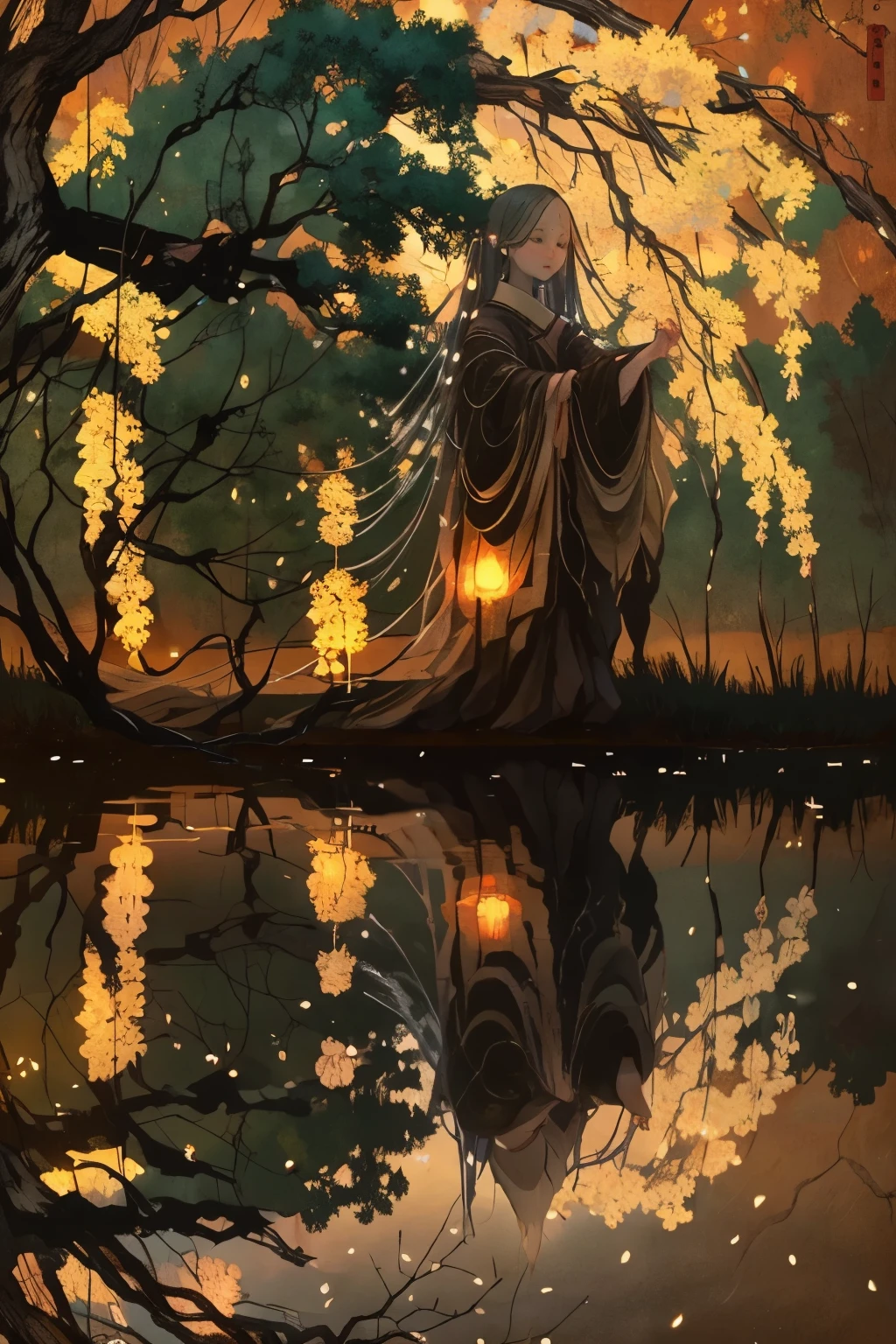 (Highest quality:1.3)。Nocturnal ghosts。A translucent ghost standing beneath a willow tree。Small ghost fire。The background is a dark road by the river at night.。