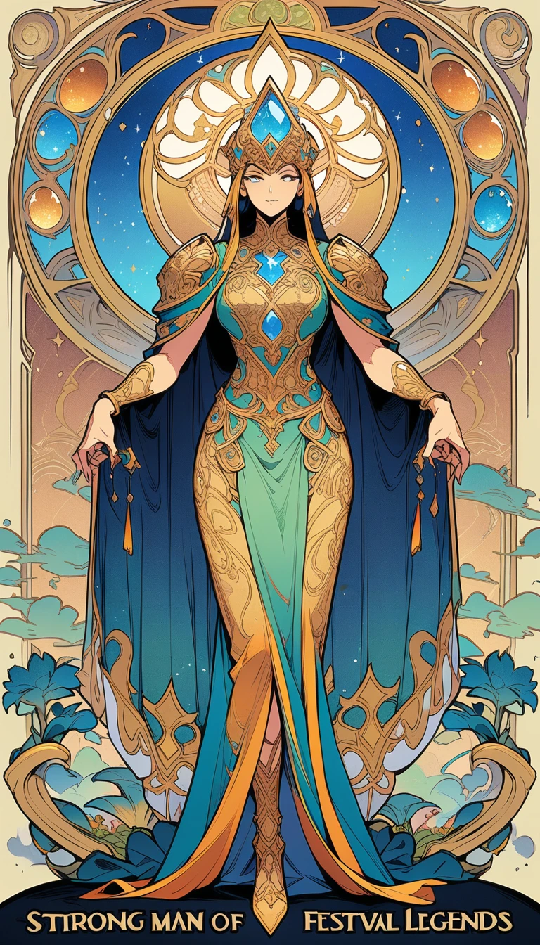 ((best quality)) , ((masterpiece)) , (detailed),hearthstone Festival of Legends", hearthstone, cartoon style character design for mobile game poster, strong man with golden armor and blue crystal in his hand is holding glowing yellow ring above head that looks like lightings from sky, vibrant colors, simple background with swirls around the edges, text "FESTIVAL OFforming legends". .,((art nouveau style , elegant, decorative, curvilinear forms, nature-inspired, ornate, detailed))