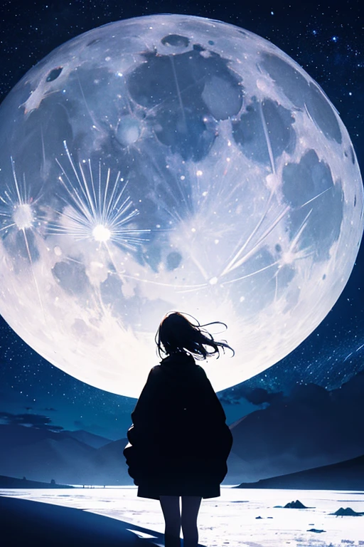 Highest quality,Big moon and shadow,A silhouette of a person can be seen against the backdrop of a large moon.,There is one full moon,There is a mood,Beautiful scenery,Starry Sky