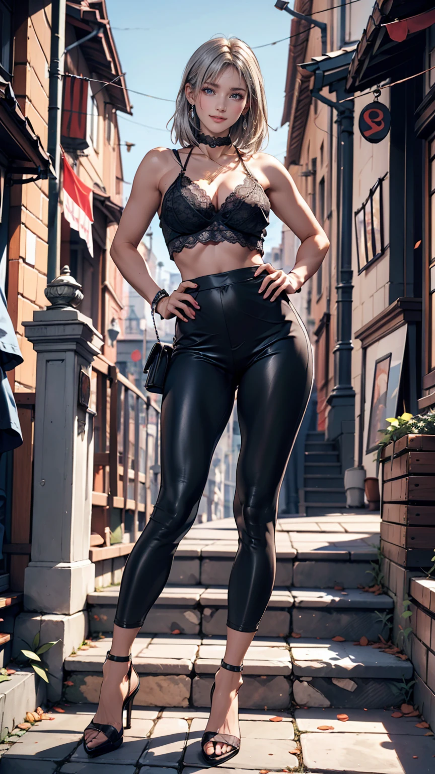 24 year old Caucasian female、Silver Hair、Straight Hair、Lace choker、Strap shoulder tops、No bra、Chest(Nipple swelling emphasis)、Colorful leggings、Stiletto heels、Place hands on hips、Wide stone steps in the old town(Lean on the railing)、smile