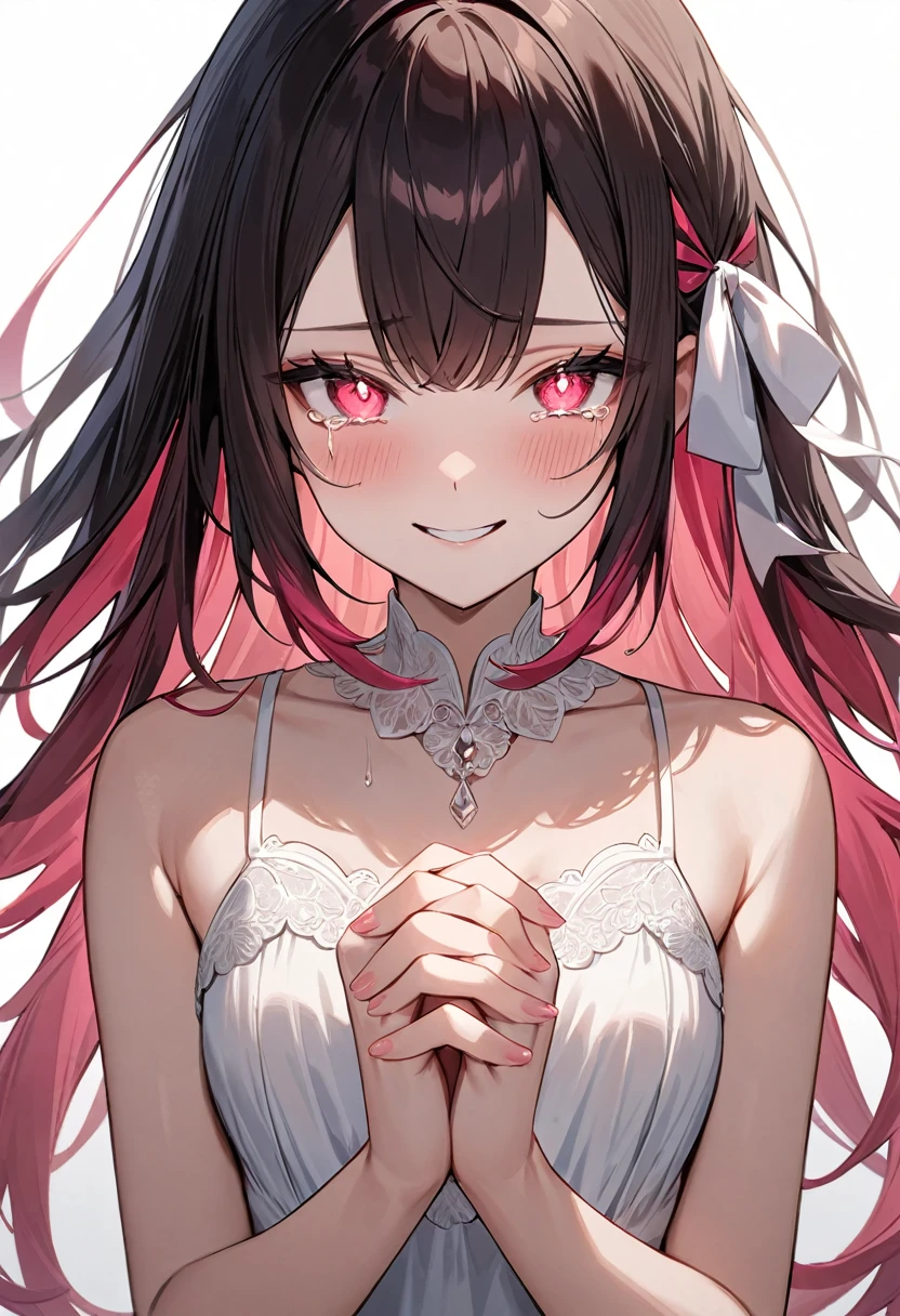 (masterpiece, top quality, very aesthetic, 4k、illustration), intricate detail, 1woman,solo,contrapposto 、Strong glowing eyes、,(cowboy shot)、、(Shedding red tears:1.3),beautiful face、sad smile、straight hair、(fluorescence pink gradient hair)、own hands clasped、multicolored hair,hair ribbon,middle hair,sidelock ,レッド　eyes、white lace camisole Dresses、small breasts、Slim 、white background