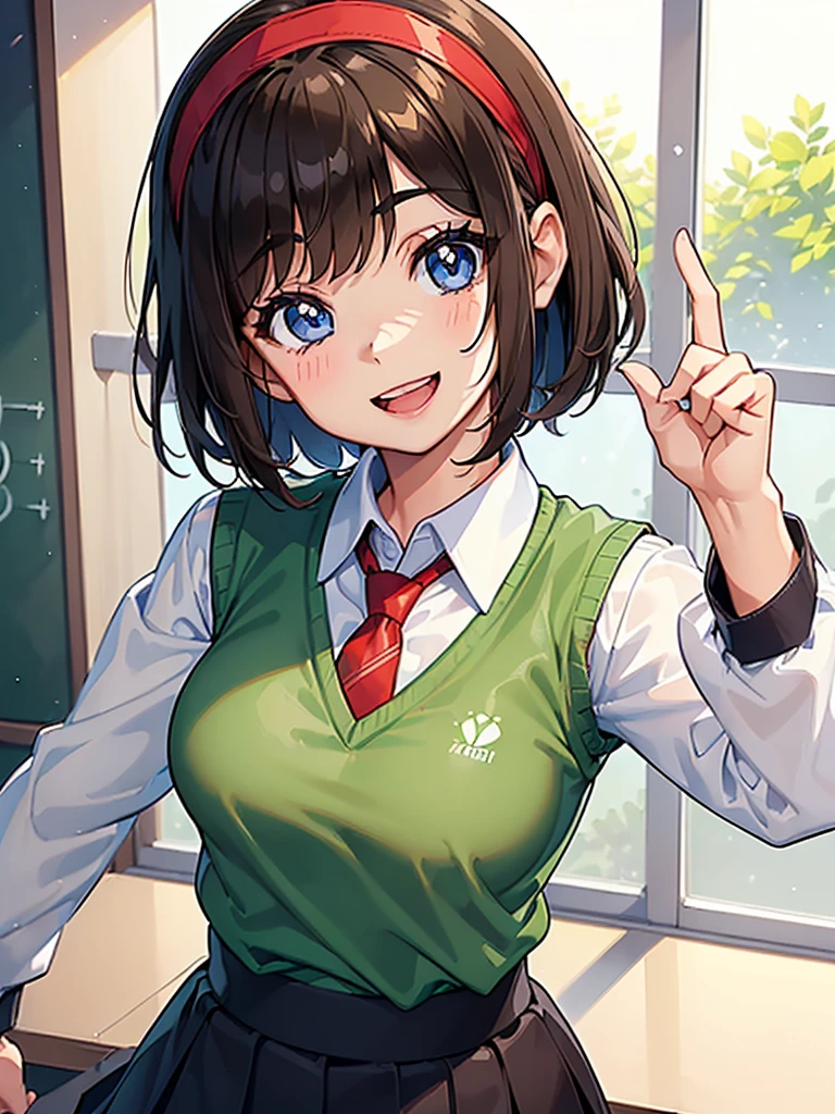 ((1girl)), ((short brown hair)), ((hairband)), ((blue eyes)), ((long sleeved white collared shirt)), ((green sweater vest)), ((red necktie)), ((black skirt)), ((big happy smile)), ((medium breasts)), ((generic girly pose)), ((big happy smile)), ((energetic)), ((bangs)), ((Kawaii)), ((face close up)), ((White shirt)), ((green sweater vest)), ((red necktie)), ((cute art style)), (((anime)), ((eyelashes)), ((friendly smile)), ((open mouth)), ((school interior)), ((long sleeves)), ((modern))