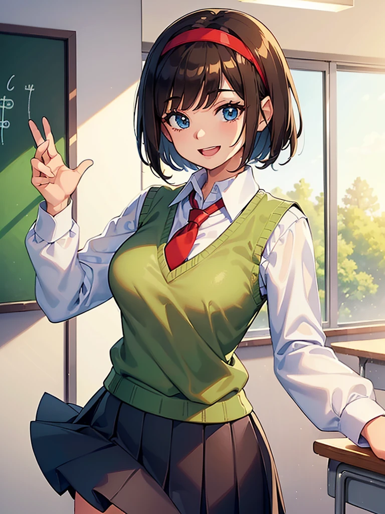 ((1girl)), ((short brown hair)), ((hairband)), ((blue eyes)), ((long sleeved white collared shirt)), ((green sweater vest)), ((red necktie)), ((black skirt)), ((big happy smile)), ((medium breasts)), ((generic girly pose)), ((big happy smile)), ((energetic)), ((bangs)), ((Kawaii)), ((face close up)), ((White shirt)), ((green sweater vest)), ((red necktie)), ((cute art style)), (((anime)), ((eyelashes)), ((friendly smile)), ((open mouth)), ((school interior)), ((long sleeves)), ((modern))