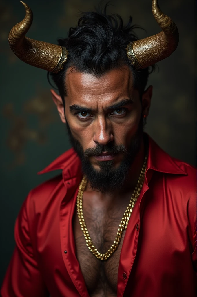 work of art, Dynamic Snapshots, ((ONE MAN)), A picture of an incubus, ((handsome demonic man)), devilcore, beautiful, big horn, dark, , ((rough superiority, superiority)), golden chain, (golden chain), handsome body, cinematic style, high-detailed face, Old red silk clothes, Close  up