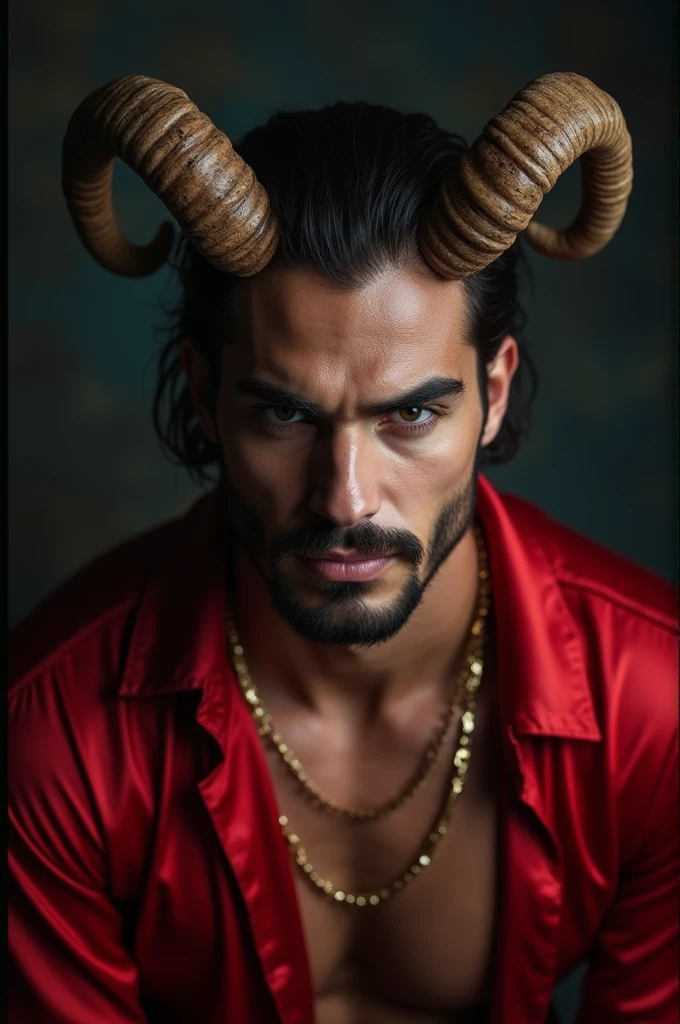 work of art, Dynamic Snapshots, ((ONE MAN)), A picture of an incubus, ((handsome demonic man)), devilcore, beautiful, big horn, dark, sexual, ((rough superiority, superiority)), golden chain, (golden chain), handsome body, cinematic style, high-detailed face, Old red silk clothes, Close  up