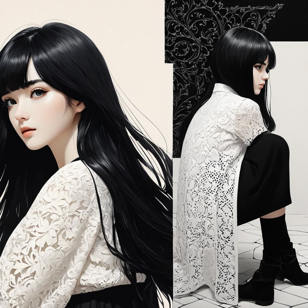 (masterpiece, Highest quality, Very detailed), Exquisite pattern, Detailed Background,
(1 girl), Lonely, bankruptcy,
Light Cream, Black and White, (Split Screen) Long black hair,Wearing black clothing,Short white hair wearing white clothes, Flip Horizontal, Symmetric, Clean the edges, High Contrast,