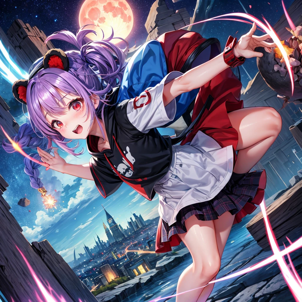 Red, blue and light purple hair、Red eyes、Braid、One cute girl、solo、And soul、Light clothing、Checked mini skirt、petal、black t-shirts、hoodie、bear ears baseball cap、large tree、Thundercloud、Burning Full Moon、desert、Stones are piled up、Teeth are visible、Fortress City、Tilting face、Starry Sky、firework、Walking stick、Note