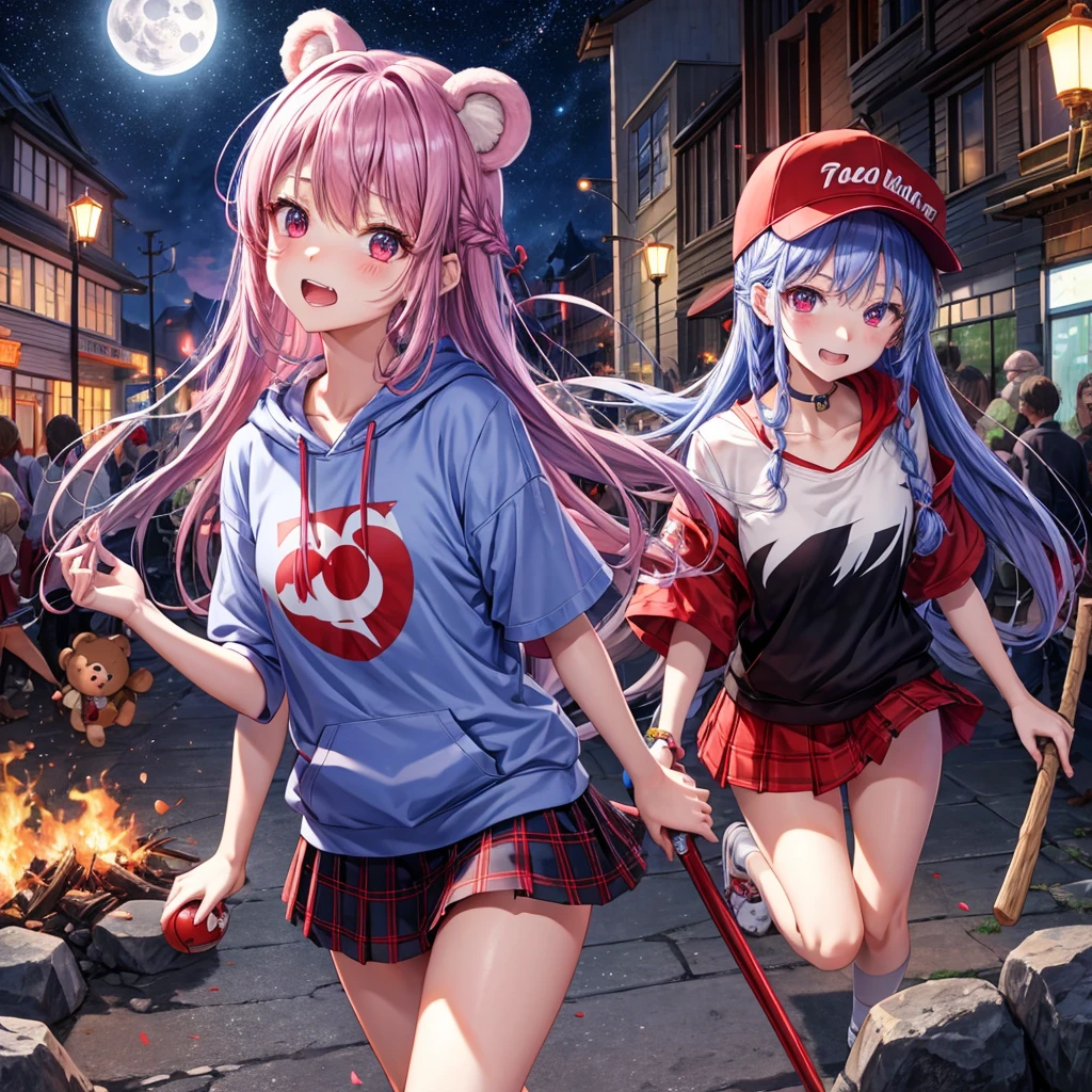 Red, blue and light purple hair、Red eyes、Braid、One cute girl、solo、And soul、Light clothing、Checked mini skirt、petal、black t-shirts、hoodie、bear ears baseball cap、large tree、Thundercloud、Burning Full Moon、desert、Stones are piled up、Teeth are visible、Fortress City、Tilting face、Starry Sky、firework、Walking stick、Note
