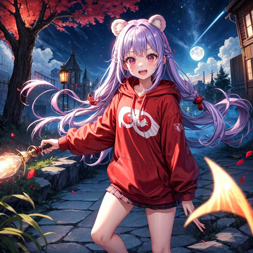 Red, blue and light purple hair、Red eyes、Braid、One cute girl、solo、And soul、Light clothing、Checked mini skirt、petal、black t-shirts、hoodie、bear ears baseball cap、large tree、Thundercloud、Burning Full Moon、desert、Stones are piled up、Teeth are visible、Fortress City、Tilting face、Starry Sky、firework、Walking stick、Note