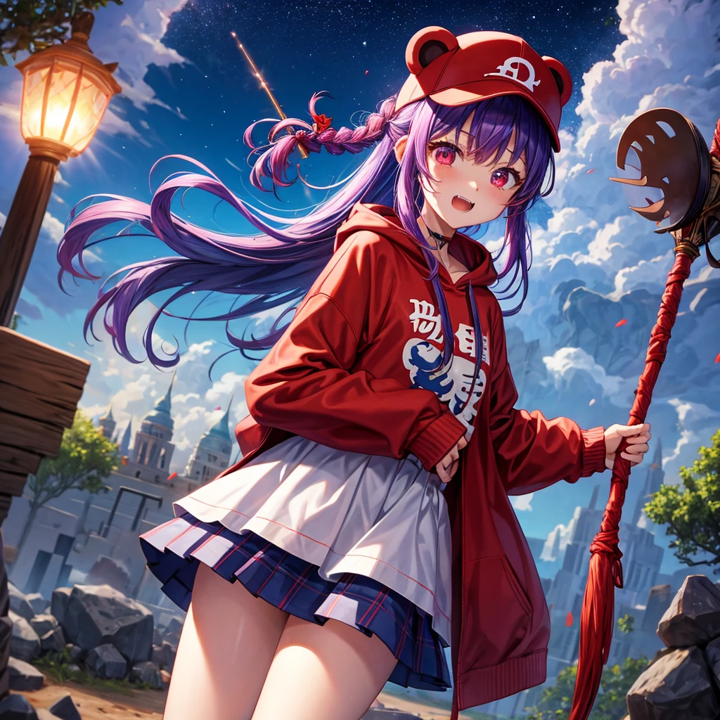 Red, blue and light purple hair、Red eyes、Braid、One cute girl、solo、And soul、Light clothing、Checked mini skirt、petal、black t-shirts、hoodie、bear ears baseball cap、large tree、Thundercloud、Burning Full Moon、desert、Stones are piled up、Teeth are visible、Fortress City、Tilting face、Starry Sky、firework、Walking stick、Note