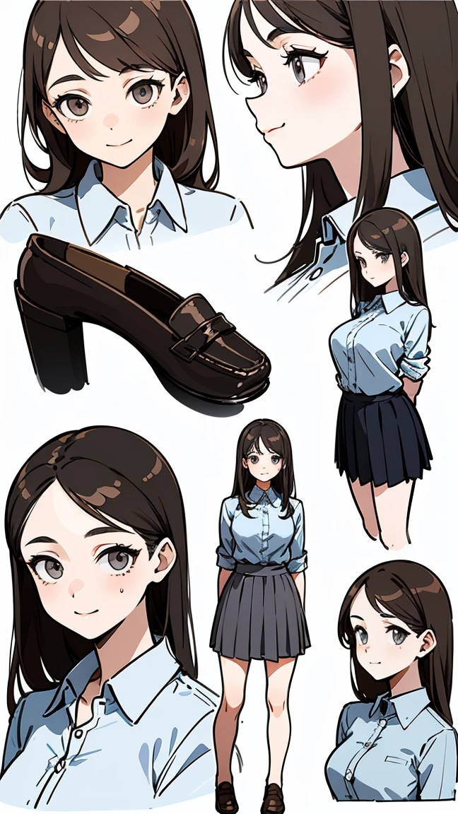Highest quality, Detailed face, Character Sheet,(((young woman:1.5))), ((whole body:1.2)), Full of details, multiple postures and expressions, Very detailed, depth, 1 young woman, No bangs, (Brown long hair, Grey sexy eyes, Unbuttoned shirt, Grey pleated skirt, Large Breasts, loafers, Cute Style, Sexy smile and pose, ((Front view))