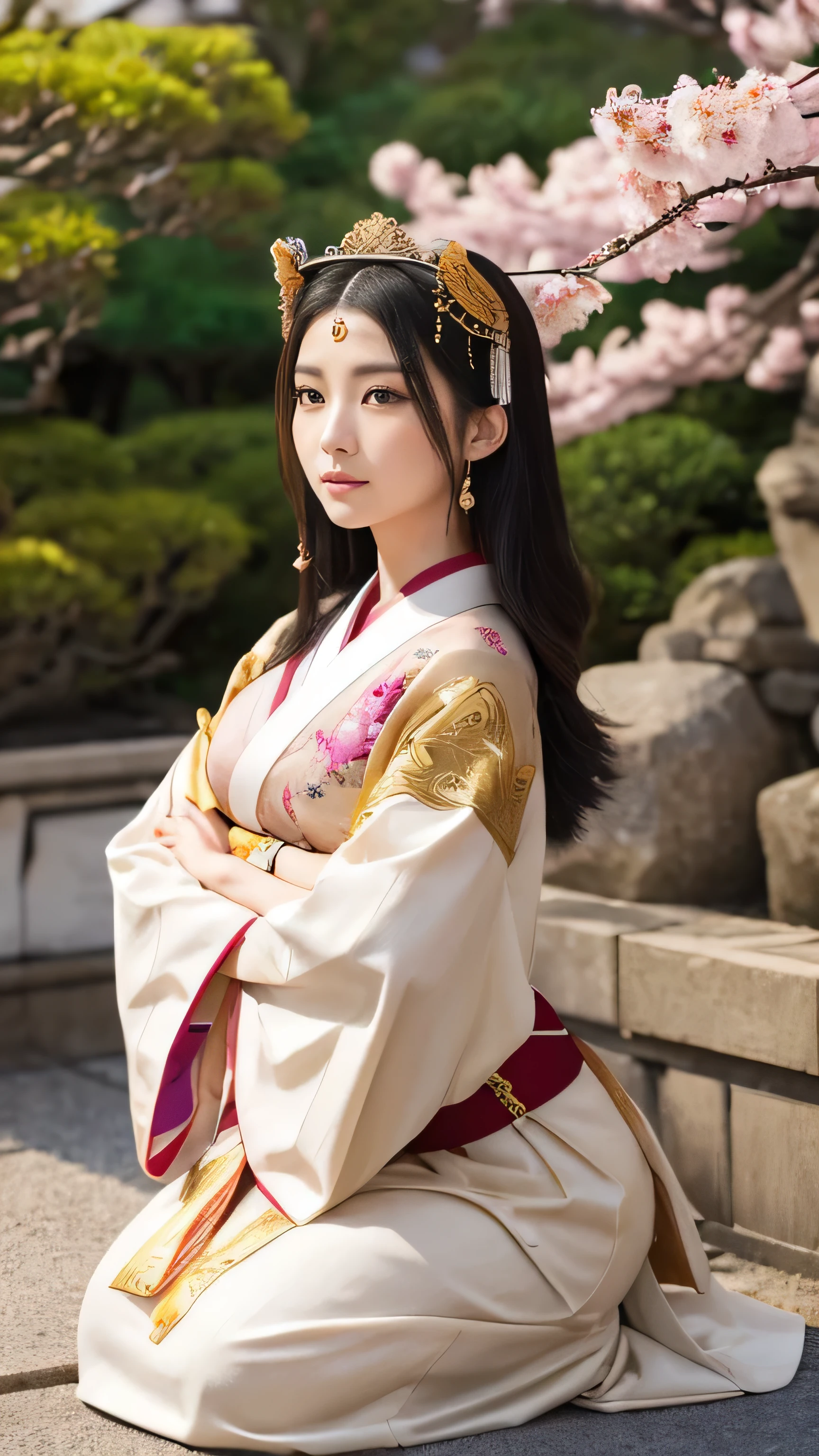 Create an ultra-realistic depiction of a female Sphinx with strong Japanese cultural elements. **Overall Appearance:** The Sphinx is a majestic figure, blending the elegance of a lion with the grace of a woman, infused with Japanese cultural motifs. **Head:** She has the head of a woman with delicate, regal features and almond-shaped eyes that glow with wisdom. Her hair is styled in a traditional Japanese updo, adorned with intricate kanzashi hairpins and a crown-like headpiece featuring sakura (cherry blossom) designs. **Body:** Her body is a powerful lion’s, covered in sleek, golden fur with a subtle pattern reminiscent of traditional Japanese wave motifs. Her limbs are strong and graceful, ending in sharp, polished claws. **Attire:** She wears a kimono-inspired armor with flowing sleeves and an ornate obi belt. The armor is decorated with traditional Japanese patterns, including cranes, koi fish, and cherry blossoms, blending seamlessly with her lion body. **Setting:** The background features a serene, ancient Japanese temple garden with cherry blossom trees in full bloom. Stone lanterns and a small koi pond enhance the tranquil atmosphere, while Mount Fuji looms majestically in the background. **Pose and Action:** She is depicted in a poised, protective stance, her front paws slightly raised as if ready to guard her sacred grounds. Her expression is calm yet vigilant, embodying the spirit of a guardian. **Special Features:** Her eyes glow softly with wisdom, her hairpins and headpiece reflect the cultural elegance, and her armor integrates traditional Japanese artistry, making her a captivating and formidable figure.