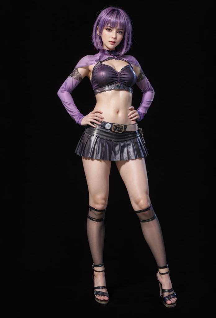 Ayane, purple hair, red eyes, (best quality, ultra-detailed), (realistic:1.37), beautiful and detailed face, ultra-realistic texture, delicate face, delicate body, red lipstick, long-lasting colors. high definition, 8K. expression with a sexy look