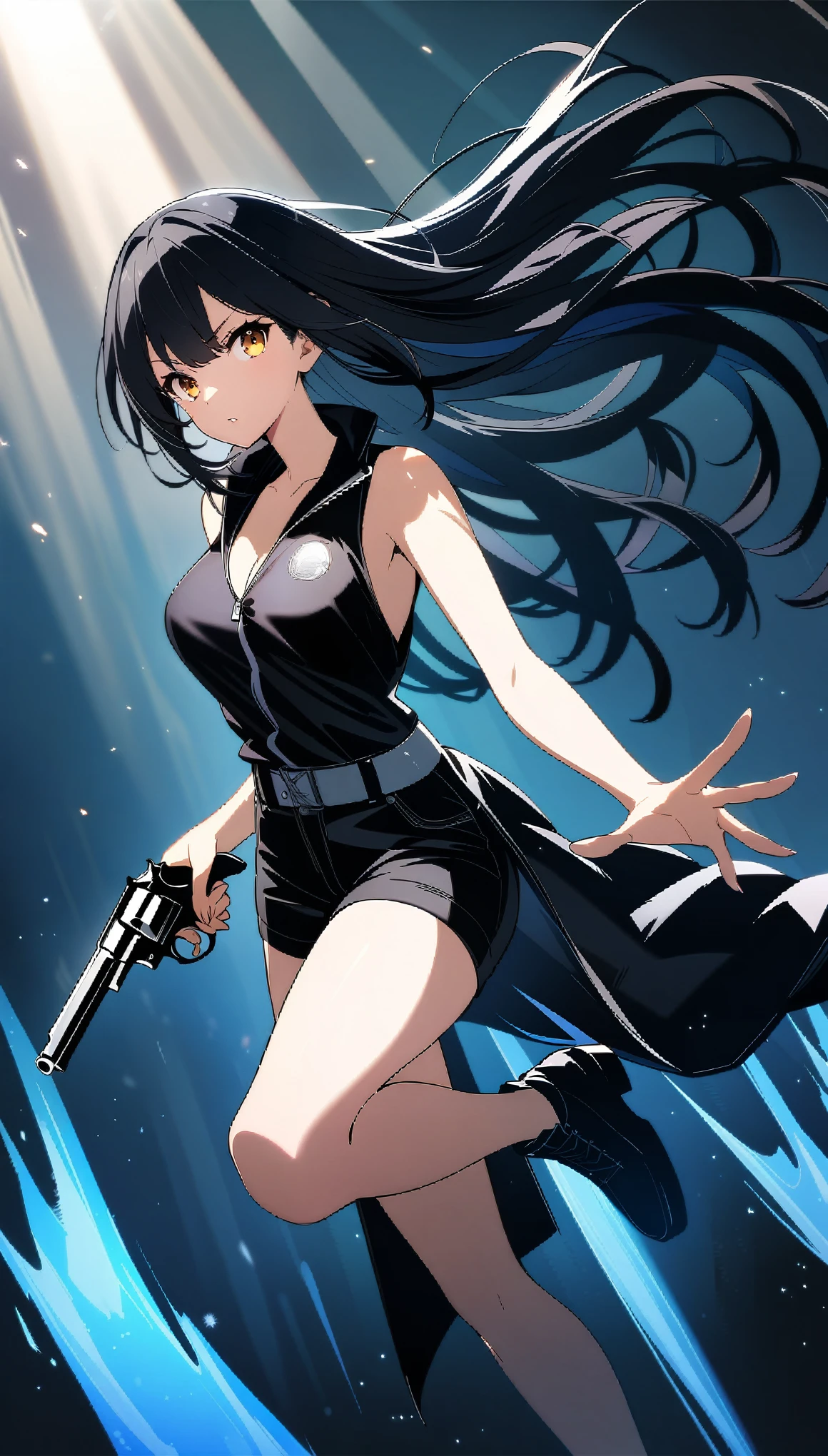 1 girl, Cool girl, shiny black hair, Long Hair, Golden Eyes, Black sleeveless shirt, short trousers of black color,, Black long coat, Holding a revolver in your hands, Look beyond the camera, dynamic pose, ((32K)), ((best quality)), ((ultra high res)), ((HDR)), ((uhd)), ((extremely detailed CG)), ((unity 32K wallpaper)), ((perfect anatomy)), ((illustration)), (((anime colored))),