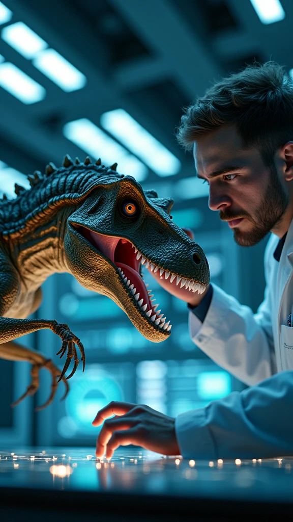 a scientist examining a living dinosaur, advanced laboratory, DNA research, highly detailed anatomy and features of the dinosaur, cutting-edge scientific equipment, futuristic and high-tech environment, glowing holographic displays, groundbreaking discoveries, ultra-realistic, 8k, highly detailed, hyperrealistic, dramatic lighting, cinematic composition, award-winning concept art