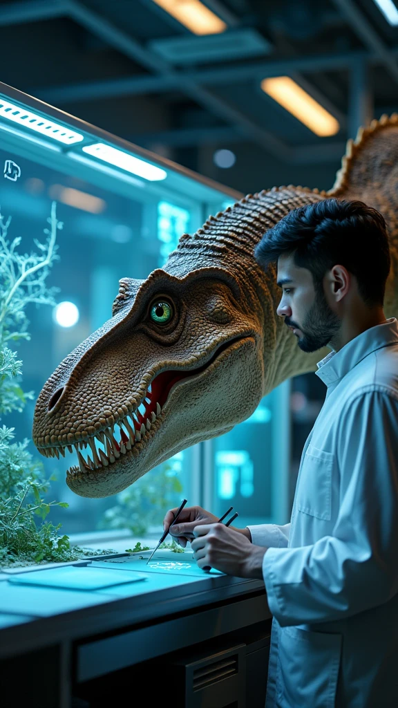 a scientist examining a living dinosaur, advanced laboratory, DNA research, highly detailed anatomy and features of the dinosaur, cutting-edge scientific equipment, futuristic and high-tech environment, glowing holographic displays, groundbreaking discoveries, ultra-realistic, 8k, highly detailed, hyperrealistic, dramatic lighting, cinematic composition, award-winning concept art
