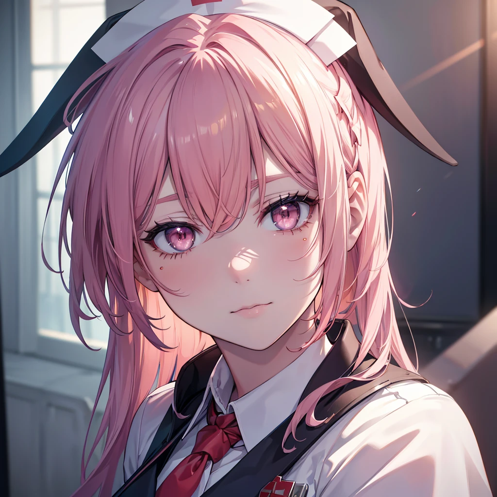 a beautiful detailed anime-style nurse with long hair, sharp gaze, ominous aura, beautiful brown eyes, sharp facial features, strong presence, rabbit ears, pink eyes, short hair, dramatic chiaroscuro, complex details, (best quality,4k,8k,highres,masterpiece:1.2),ultra-detailed,(realistic,photorealistic:1.37),HDR,UHD,studio lighting,ultra-fine painting,sharp focus,physically-based rendering,extreme detail description,professional,vivid colors,sadistic character,adult