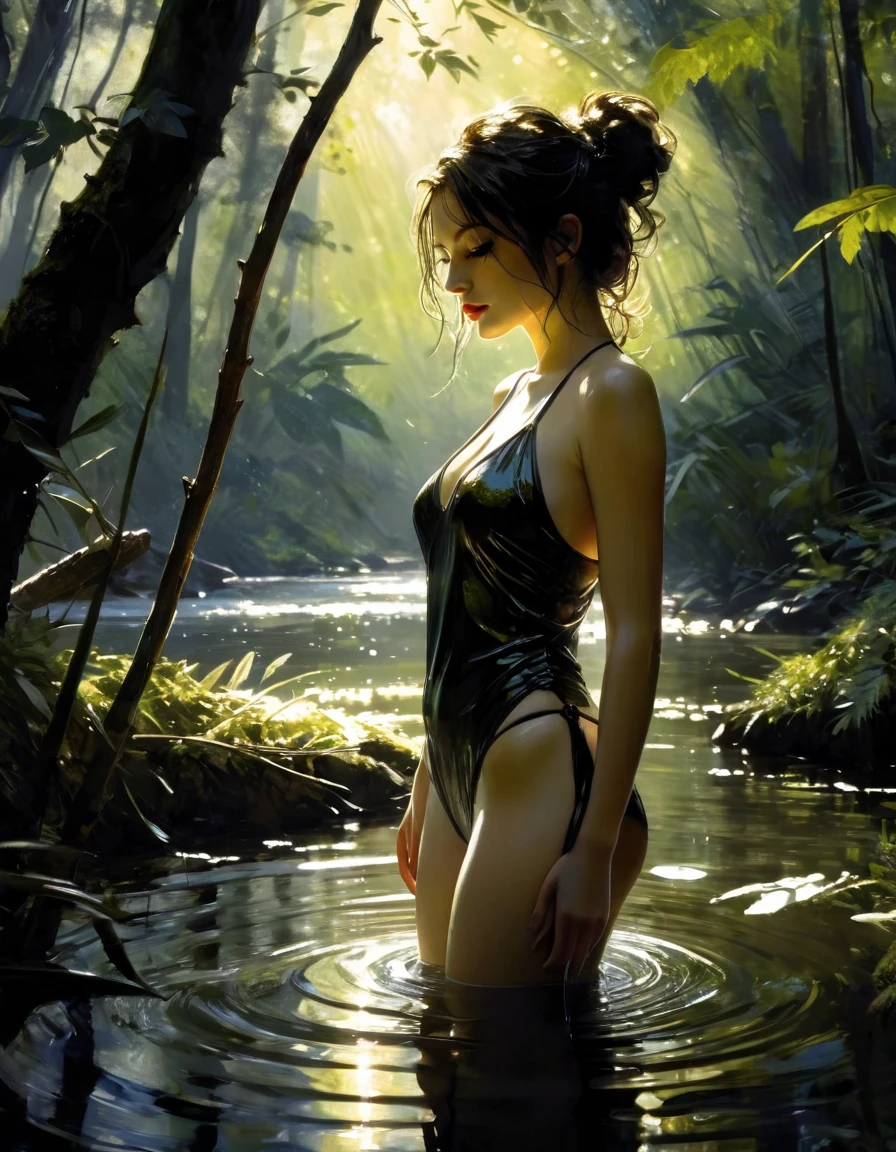 a sexy and beautiful girl in a large summer forest, sunlight reflecting on a river,bikini, the girl preparing to take a bath, detailed face and body, realistic, photorealistic, high quality, 8k, detailed environment, lush greenery, sunlight shimmering on water, serene atmosphere,eroticism, sexy, black and white image, between shadows, oil painting, chiaroscuro, sensual, dramatic lighting, moody atmosphere, photorealistic, intricate details, masterpiece, ultra-detailed, high quality, 8k, best quality, realistic, cinematic, dark and brooding, expressionistic, powerful composition, emotional impact, Wadim Kashin inspired art