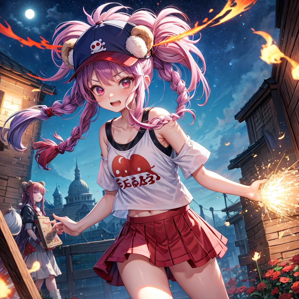 Red, blue and light purple hair、Red eyes、Braid、One cute girl、solo、And soul、Light clothing、Checked mini skirt、petal、black t-shirts、one piece、bear ears baseball cap、large tree、Thundercloud、Burning Full Moon、desert、Stones are piled up、Teeth are visible、Fortress City、Tilting face、Starry Sky、firework、Walking stick、Note