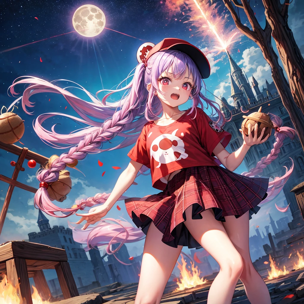 Red, blue and light purple hair、Red eyes、Braid、One cute girl、solo、And soul、Light clothing、Checked mini skirt、petal、black t-shirts、one piece、bear ears baseball cap、large tree、Thundercloud、Burning Full Moon、desert、Stones are piled up、Teeth are visible、Fortress City、Tilting face、Starry Sky、firework、Walking stick、Note