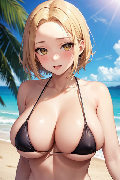 One Woman, Highest quality, masterpiece, Super Resolution, Large Breasts, Idol, Beauty, ((From the front 1.2)), Cleavage, 8k, High resolution eyes, High-resolution contours, ((Forehead visible 1.3)), Stylish, High-resolution pupils, blush, High resolution face, High resolution breasts, Ultra HD, Open your mouth, Upper Body, High resolution mouth, Sexy body, ((Cool face 1.5)), ((Hanging 1.3)), short hair, Broken bangs, Blonde, Yellow Eyes, model, Mature Woman, Adult women, Beautiful clavicle, High resolution hair, Mother, maternal, Micro Bikini, Underboob, Sideboob, Beach, Married Woman, couple, super beautiful,