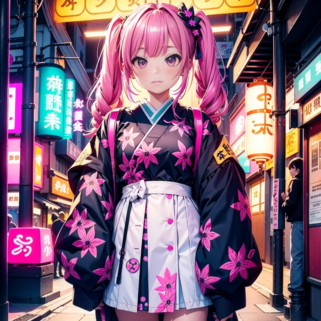A girl is wearing the cutest outfit ever.、The background is a Japanese hemp leaf pattern.。The composition is symmetrical、Spread across the entire screen。Neon magenta is used as an accent in her hair and belongings.、Traditional atmosphere with a touch of modernity