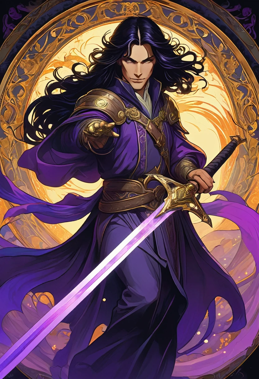 fantasy border, tall tiefling with long black hair and golden eyes, he is a dark mysterious warrior holding a glowing purple sword, background of darkness and eldritch fires, he is smiling while holding magical energy in his other hand, good anatomy, dynamic pose, good proportions, modern style, vector, highly detailed, intricate, masterpiece, realistic, professional, Dark Fantasy, d&d, (centered), (well framed), vector-art, gradient color, detailed, realistic, professional art masterpiece, (Art Nouveau), Illustration by Alphonse Mucha, (vector-art:1.1) Negative prompt
