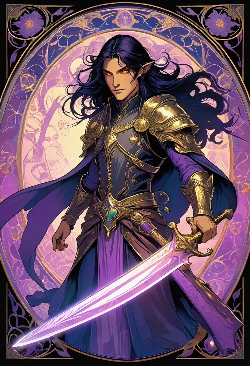 fantasy border, tall tiefling with long black hair and golden eyes, he is a dark mysterious warrior holding a glowing purple sword, background of darkness and eldritch fires, he is smiling while holding magical energy in his other hand, good anatomy, dynamic pose, good proportions, modern style, vector, highly detailed, intricate, masterpiece, realistic, professional, Dark Fantasy, d&d, (centered), (well framed), vector-art, gradient color, detailed, realistic, professional art masterpiece, (Art Nouveau), Illustration by Alphonse Mucha, (vector-art:1.1) Negative prompt