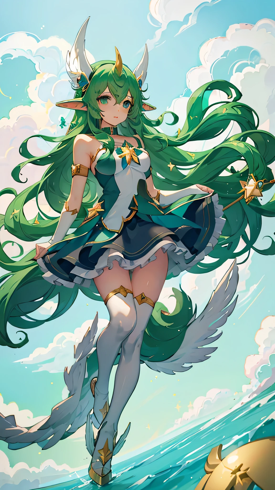 1 girl, Star Guardian Soraka, league of legends, green hair, horn on head, elf years , green eyes, black dress lift, thigh-high heel boots, bound in rope, ball gagged, high res, panties,cute pantsu,wind blew up,sitting,open_legs,spread_legs,floating