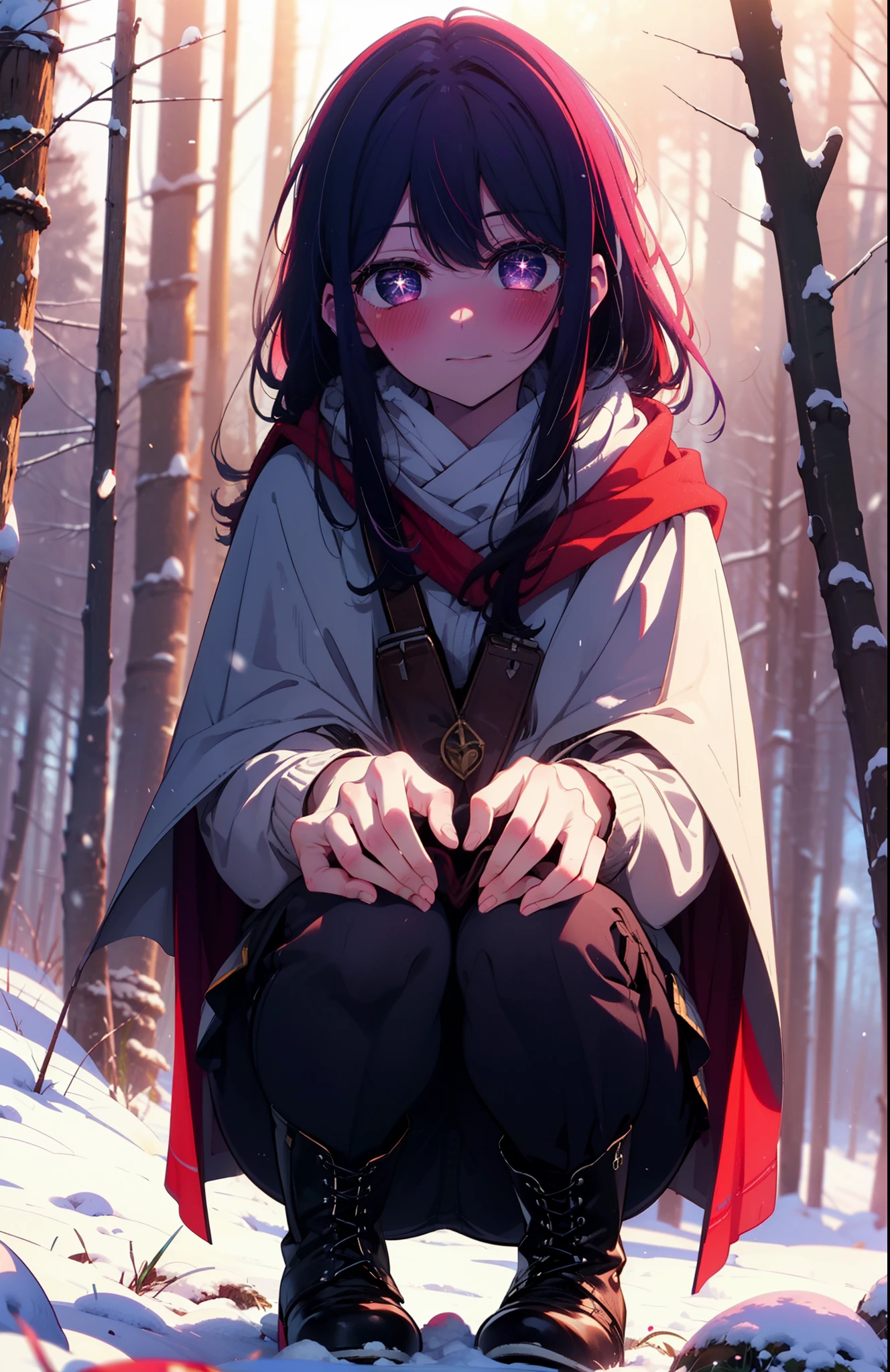 aihoshino, Ai Hoshino, Long Hair, bangs, (Purple eyes:1.1), Purple Hair, (Symbol-shaped pupil:1.5), smile,,smile,blush,white breath,
Open your mouth,snow,Ground bonfire, Outdoor, boots, snowing, From the side, wood, suitcase, Cape, Blurred, , forest, White handbag, nature,  Squat, Mouth closed, Cape, winter, Written boundary depth, Black shoes, red Cape break looking at viewer, Upper Body, whole body, break Outdoor, forest, nature, break (masterpiece:1.2), Highest quality, High resolution, unity 8k wallpaper, (shape:0.8), (Beautiful and beautiful eyes:1.6), Highly detailed face, Perfect lighting, Highly detailed CG, (Perfect hands, Perfect Anatomy),