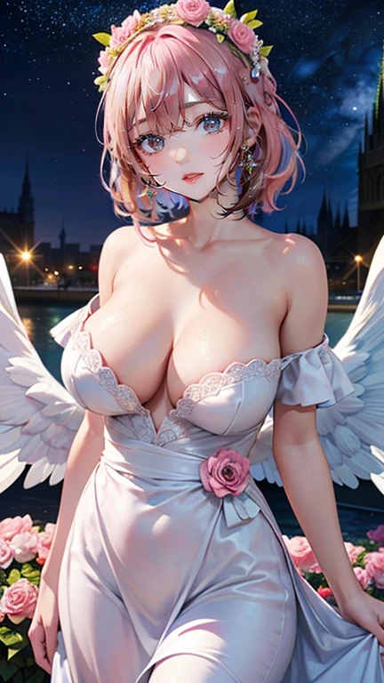 (masterpiece, Highest quality:1.3), (Very detailed:1.2), (hyperRealistic:1.3), (RAW Photos:1.2), High resolution raw color photos, Professional photos, (PhotoRealistic:1.4), (Realistic:1.4), (Pink Hair:1.5), Professional Lighting, Perfect Anatomy, (Big Breasts:1.2), (blush, Detailed face), (smile:1.7), sexy, erotic sexy, ランダムなsexyなグラビアポーズ, (An angel in a gorgeous off-the-shoulder white and gold sundress、Angel halo on your head、so beautiful、Flowers in full bloom畑、Wearing a flower crown and smiling gracefully、The background is Notre Dame Cathedral、Flowers in full bloom々、Shining starry sky、Pearl Earrings、Pose picking flowers。:1.3)、Archangel Raphael、It has two large white wings on its back......、She looks like an angel.、Taking the form of an archangel、holding a pink rose in hand、I have an angel&#39;There&#39;There&#39;s a halo over my head、Angel halo on your head、I have an angel&#39;s halo around my head