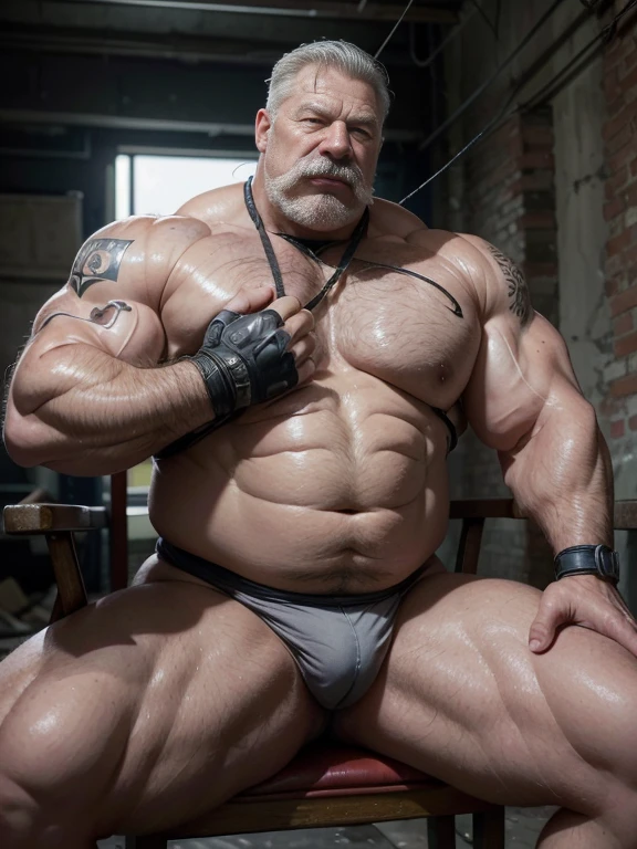 Hyperrealistic image of a military man tied with ropes to a chair and gagged Superhero very old and very sweaty very gray hair bodybuilder over 80 years old very muscular and fat weighing more than 200 kilos with a naked torso large and flaccid pectorals tattooed huge brown nipples big gray mustaches dressed in military clothing in a ruined building