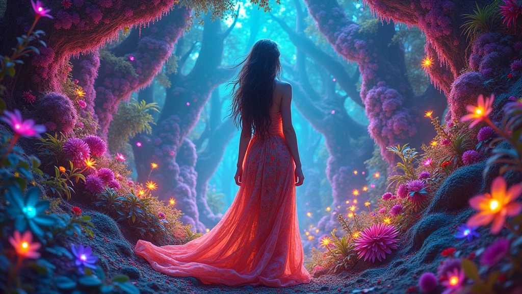 "A young lady standing in a vibrant, otherworldly jungle. The scene is filled with an explosion of vivid, swirling colors, with fantastical plants and flowers glowing in neon hues. The jungle is alive with intricate patterns and fractal designs, creating a surreal, dreamlike atmosphere. The lady herself is adorned with flowing, colorful attire that blends seamlessly with the psychedelic environment, and her eyes reflect the magical, kaleidoscopic landscape around he