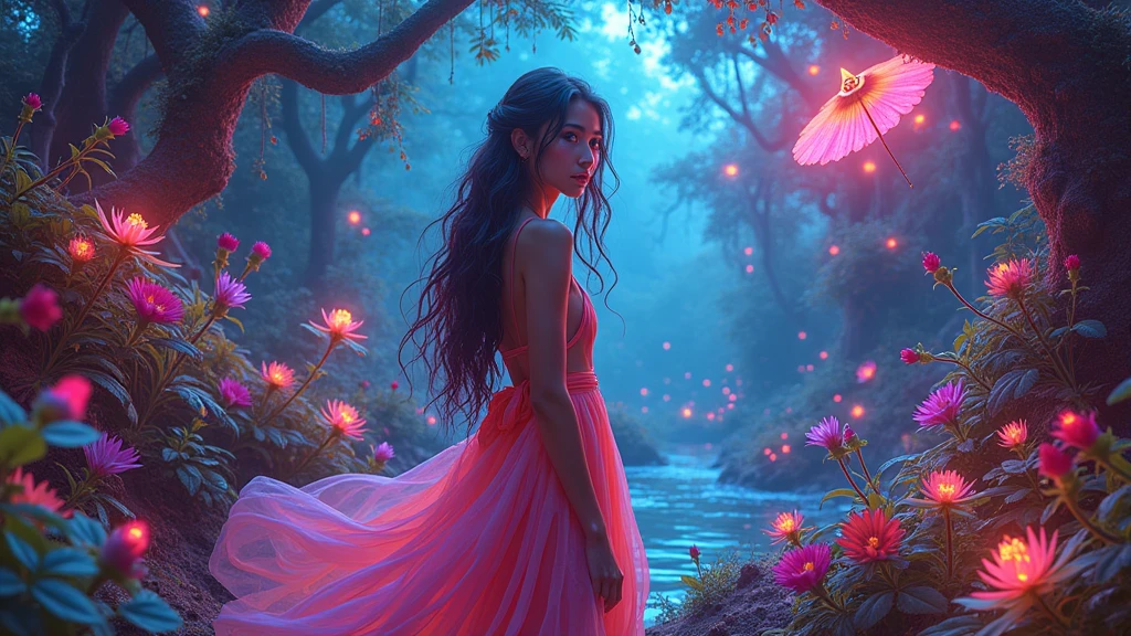 "A young lady standing in a vibrant, otherworldly jungle. The scene is filled with an explosion of vivid, swirling colors, with fantastical plants and flowers glowing in neon hues. The jungle is alive with intricate patterns and fractal designs, creating a surreal, dreamlike atmosphere. The lady herself is adorned with flowing, colorful attire that blends seamlessly with the psychedelic environment, and her eyes reflect the magical, kaleidoscopic landscape around he