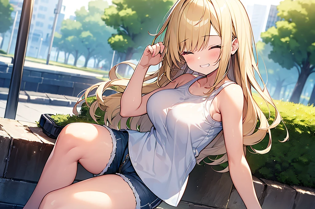 (Masterpiece, Top quality:1.5), 1 beautiful girl, solo, sitting, from side, Blonde, medium Hair, wavy Hair, asymmetry bangs, swept bangs, airy hair, large breasts:1.2, 16 year old, standard weight, (casual summer fashion, Shorts :1.3), grin:1.3, blush, beautiful scene of street, blurry background, magnificent panorama view, blurry background, closed eyes