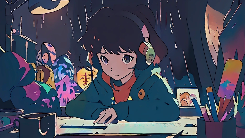 Asian woman studying in the room, dream, Wear headphones, night lighting, Neon scenery on a rainy day, Analog Color Theme, Lo-fi hip hop , revue, flat, 2.5D ,Draw a line, Ink Painting, Large slope, watercolor, Goosh Colors, Studio Ghibli Style, Amazing colors, Outerton, Krautlock, Lofi Art, 70s style,Old Texture, amplitude,Psychedelic atmosphere, masterpiece, Amazing technology,