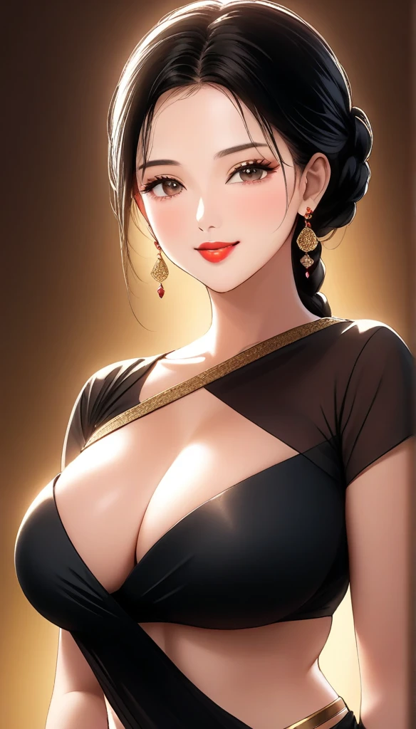 (1woman, mature, single hair braid, simple black saree, big long jhumka earrings, detailed alluring eyes, smooth detailed lips, beautiful face, smiling, red lipstick, navel, bangles, saggy breasts, photorealistic, 8k, hyperdetailed, vibrant colors, studio lighting, masterpiece, cinematic composition, dramatic lighting, intricate details, highly realistic skin textures, volumetric lighting, beautiful intricate jewelry, warm color palette, natural lighting, elegant pose, beautiful detailed expression, hyper realistic rendering, seamless blending, flawless skin, glowing skin, delicate features, breathtaking realism, striking composition)