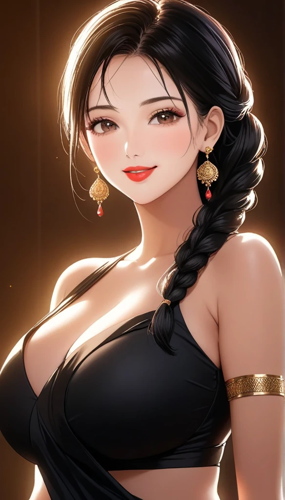 (1woman, mature, single hair braid, simple black saree, big long jhumka earrings, detailed alluring eyes, smooth detailed lips, beautiful face, smiling, red lipstick, navel, bangles, saggy breasts, photorealistic, 8k, hyperdetailed, vibrant colors, studio lighting, masterpiece, cinematic composition, dramatic lighting, intricate details, highly realistic skin textures, volumetric lighting, beautiful intricate jewelry, warm color palette, natural lighting, elegant pose, beautiful detailed expression, hyper realistic rendering, seamless blending, flawless skin, glowing skin, delicate features, breathtaking realism, striking composition)