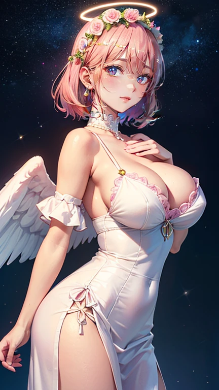 (masterpiece, Highest quality:1.3), (Very detailed:1.2), (hyperRealistic:1.3), (RAW Photos:1.2), High resolution raw color photos, Professional photos, (PhotoRealistic:1.4), (Realistic:1.4), (Pink Hair:1.5), Professional Lighting, Perfect Anatomy, (Big Breasts:1.2), (blush, Detailed face), (smile:1.7), sexy, erotic sexy, ランダムなsexyなグラビアポーズ, (An angel in a gorgeous off-the-shoulder white and gold sundress、Angel halo on your head、so beautiful、Flowers in full bloom畑、Wearing a flower crown and smiling gracefully、The background is Notre Dame Cathedral、Flowers in full bloom々、Shining starry sky、Pearl Earrings、Pose picking flowers。:1.3)、Archangel Raphael、It has two large white wings on its back......、She looks like an angel.、Taking the form of an archangel、holding a pink rose in hand、I have an angel'There'There's a halo over my head、Angel halo on your head、I have an angel's halo around my head