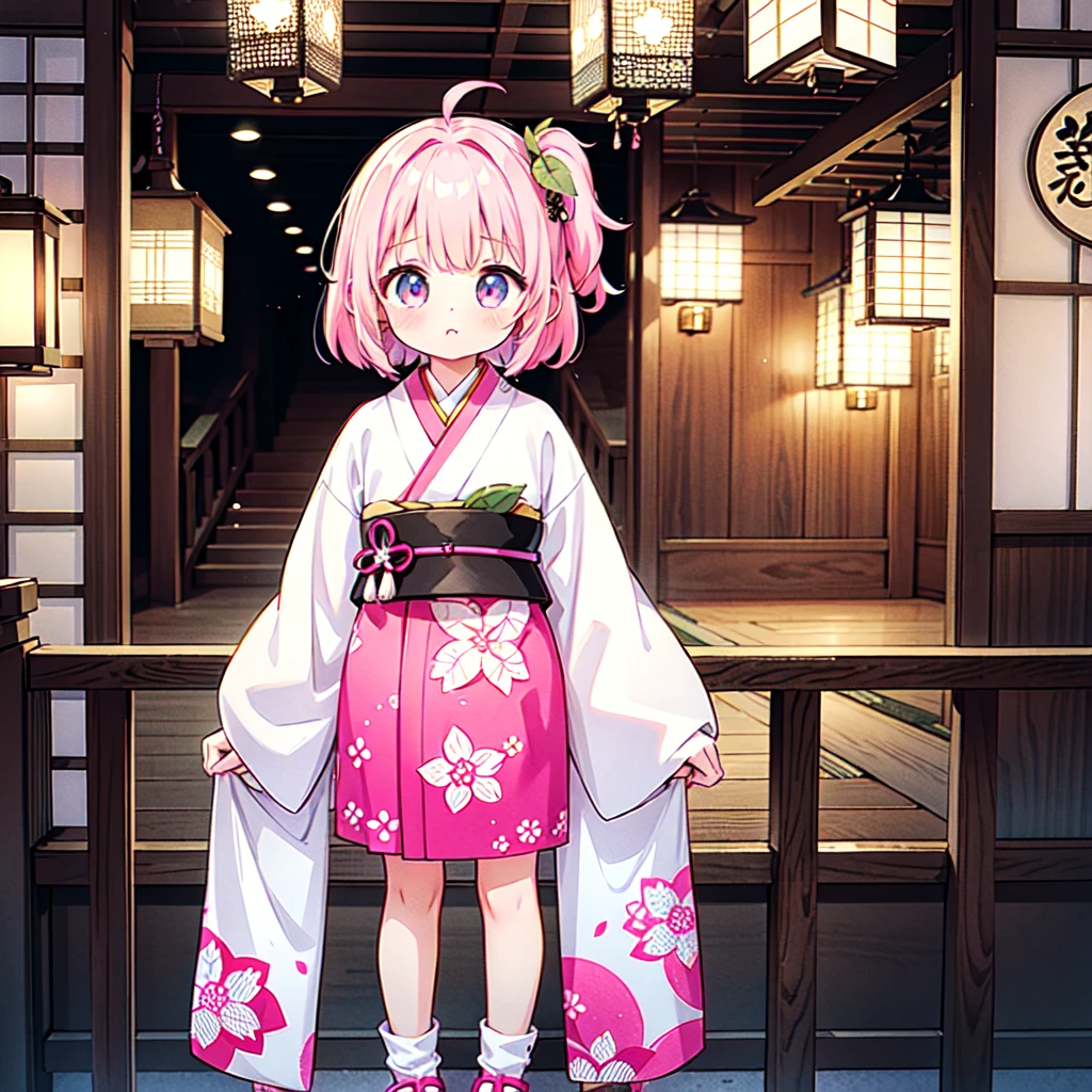 A girl is wearing the cutest outfit ever.、The background is a Japanese hemp leaf pattern.。The composition is symmetrical、Spread across the entire screen。Neon magenta is used as an accent in her hair and belongings.、Traditional atmosphere with a touch of modernity