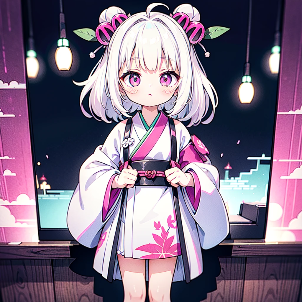 A girl is wearing the cutest outfit ever.、The background is a Japanese hemp leaf pattern.。The composition is symmetrical、Spread across the entire screen。Neon magenta is used as an accent in her hair and belongings.、Traditional atmosphere with a touch of modernity
