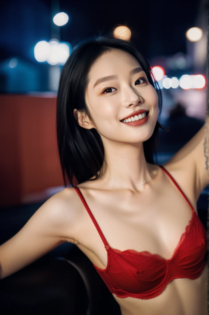 1girl, idol, model, depth of field, photo, film, face, skinny, smile, collarbone, teeth, movie, camisole, selfie, night,