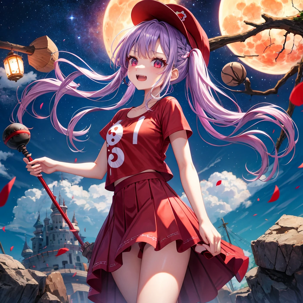 Red, blue and light purple hair、Red eyes、Braid、One cute girl、solo、And soul、Light clothing、Checked mini skirt、petal、black t-shirts、one piece、bear ears baseball cap、large tree、Thundercloud、Burning Full Moon、desert、Stones are piled up、Teeth are visible、Fortress City、Tilting face、Starry Sky、firework、Walking stick、Note