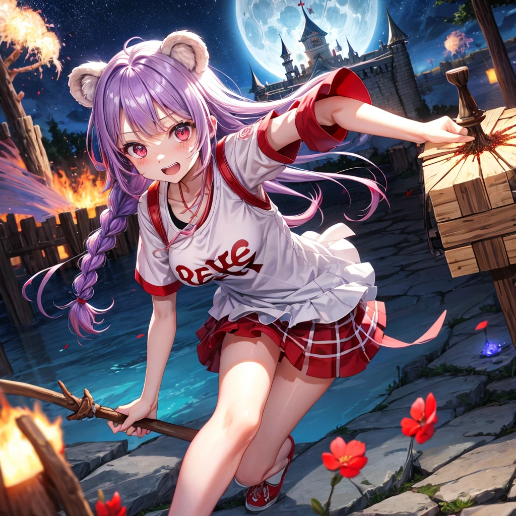 Red, blue and light purple hair、Red eyes、Braid、One cute girl、solo、And soul、Light clothing、Checked mini skirt、petal、black t-shirts、one piece、bear ears baseball cap、large tree、Thundercloud、Burning Full Moon、desert、Stones are piled up、Teeth are visible、Fortress City、Tilting face、Starry Sky、firework、Walking stick、Note
