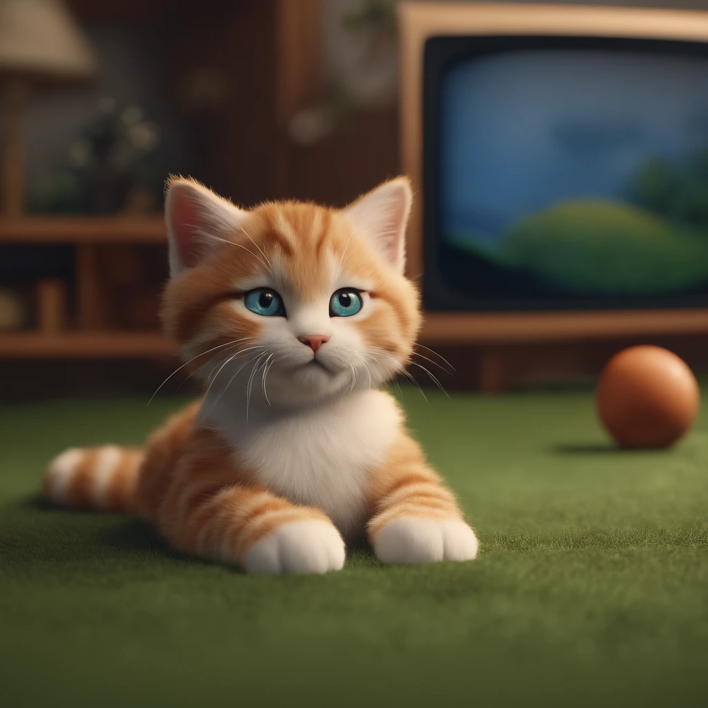 An image of a cute cat being seating in a 3D claymation style. The big monitor view game should have a pither, cups. The cat should have dewy nose and be wearing a chef hat with a PlayStation hardware . The color palette should be in peach, background on The parking lot in front of the white palace house, lavenderhigh resolution, 4k hd, watermark smooth, image big resolution 4Mb + data, realistic color, filmography, paintings 3d, 3D claymation style, A macro, detailed image with an out of focus background. The portrait is realistic with studio lighting, hyper-realistic painting, super 8k HD, high quality, highest quality, 32k -v 6