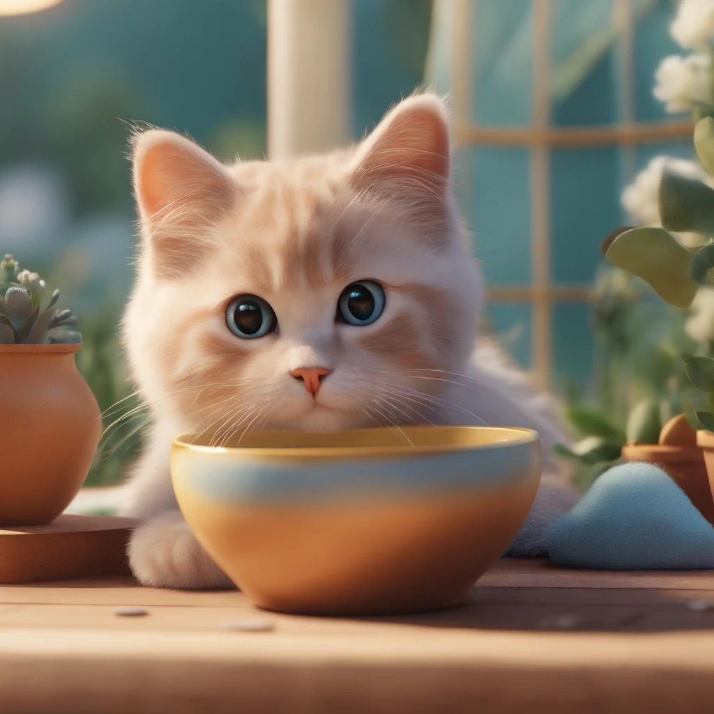 An image of a cute cat being seating in a 3D claymation style. The big monitor view game should have a pither, cups. The cat should have dewy nose and be wearing a chef hat with a PlayStation hardware . The color palette should be in peach, background on The parking lot in front of the white palace house, lavenderhigh resolution, 4k hd, watermark smooth, image big resolution 4Mb + data, realistic color, filmography, paintings 3d, 3D claymation style, A macro, detailed image with an out of focus background. The portrait is realistic with studio lighting, hyper-realistic painting, super 8k HD, high quality, highest quality, 32k -v 6