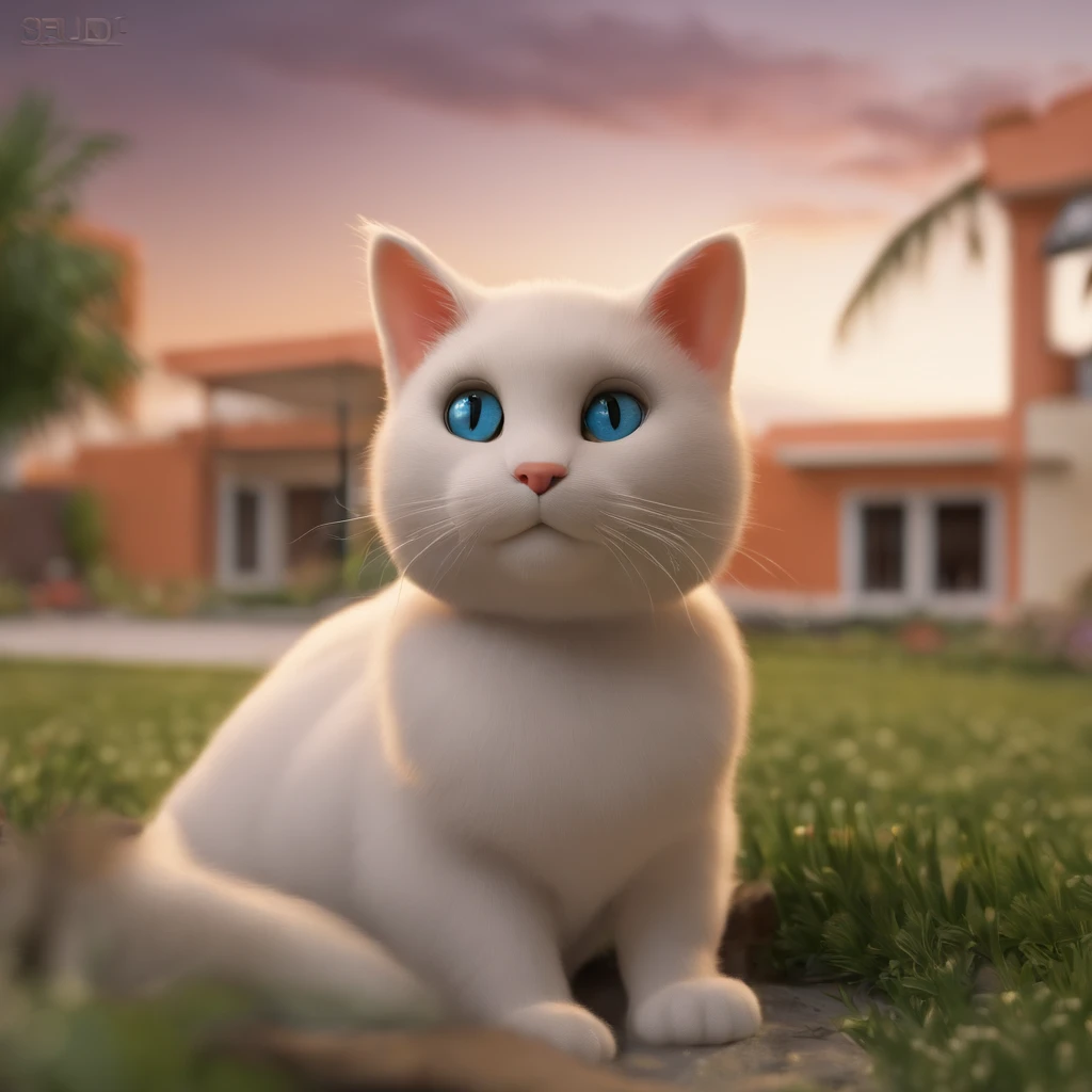 An image of a cute cat being seating  in a 3D claymation style. The big monitor view game should have a pither, cups. The cat should have dewy nose and be wearing a chef hat with a PlayStation hardware . The color palette should be in peach, background on The parking lot in front of the white palace house, lavenderhigh resolution, 4k hd, watermark smooth, image big resolution 4Mb + data, realistic color, filmography, paintings 3d, 3D claymation style, A macro, detailed image with an out of focus background. The portrait is realistic with studio lighting, hyper-realistic painting, super 8k HD, high quality, highest quality, 32k -v 6